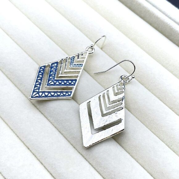 Silver with Blue Enamel Boho Tribal Rhombus Chevron Dangling Drop Hook Earrings - Picture 7 of 9